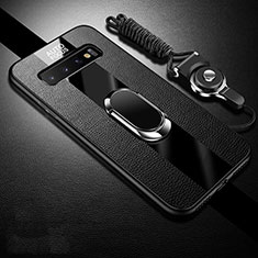 Silikon Hülle Handyhülle Gummi Schutzhülle Flexible Leder Tasche mit Magnetisch Fingerring Ständer T03 für Samsung Galaxy S10 Plus Schwarz