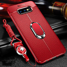 Silikon Hülle Handyhülle Gummi Schutzhülle Flexible Leder Tasche mit Magnetisch Fingerring Ständer T03 für Samsung Galaxy S10e Rot