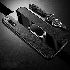 Silikon Hülle Handyhülle Gummi Schutzhülle Flexible Leder Tasche mit Magnetisch Fingerring Ständer T06 für Huawei P20 Schwarz