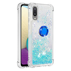 Silikon Hülle Handyhülle Gummi Schutzhülle Flexible Tasche Bling-Bling mit Fingerring Ständer S01 für Samsung Galaxy A02 Cyan