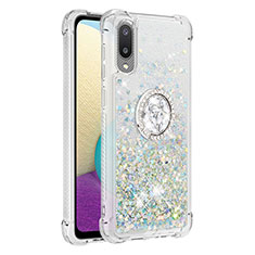 Silikon Hülle Handyhülle Gummi Schutzhülle Flexible Tasche Bling-Bling mit Fingerring Ständer S01 für Samsung Galaxy A02 Silber