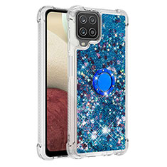 Silikon Hülle Handyhülle Gummi Schutzhülle Flexible Tasche Bling-Bling mit Fingerring Ständer S01 für Samsung Galaxy A12 Blau