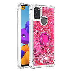Silikon Hülle Handyhülle Gummi Schutzhülle Flexible Tasche Bling-Bling mit Fingerring Ständer S01 für Samsung Galaxy A21s Pink