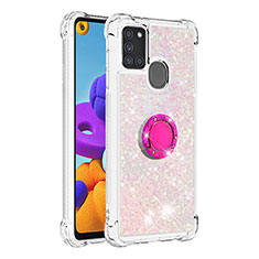 Silikon Hülle Handyhülle Gummi Schutzhülle Flexible Tasche Bling-Bling mit Fingerring Ständer S01 für Samsung Galaxy A21s Rosa