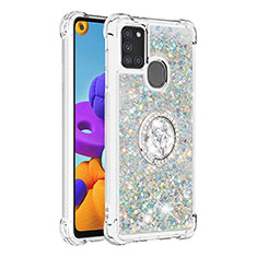 Silikon Hülle Handyhülle Gummi Schutzhülle Flexible Tasche Bling-Bling mit Fingerring Ständer S01 für Samsung Galaxy A21s Silber