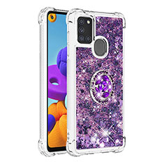 Silikon Hülle Handyhülle Gummi Schutzhülle Flexible Tasche Bling-Bling mit Fingerring Ständer S01 für Samsung Galaxy A21s Violett