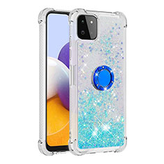 Silikon Hülle Handyhülle Gummi Schutzhülle Flexible Tasche Bling-Bling mit Fingerring Ständer S01 für Samsung Galaxy A22 5G Cyan