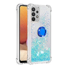 Silikon Hülle Handyhülle Gummi Schutzhülle Flexible Tasche Bling-Bling mit Fingerring Ständer S01 für Samsung Galaxy A32 4G Cyan