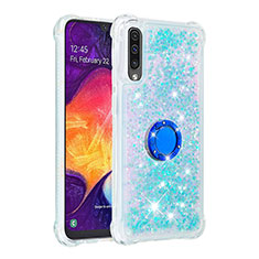 Silikon Hülle Handyhülle Gummi Schutzhülle Flexible Tasche Bling-Bling mit Fingerring Ständer S01 für Samsung Galaxy A50 Hellblau