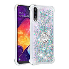 Silikon Hülle Handyhülle Gummi Schutzhülle Flexible Tasche Bling-Bling mit Fingerring Ständer S01 für Samsung Galaxy A50 Silber