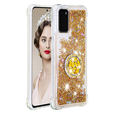 Silikon Hülle Handyhülle Gummi Schutzhülle Flexible Tasche Bling-Bling mit Fingerring Ständer S01 für Samsung Galaxy S20 Gold