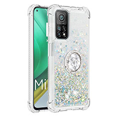 Silikon Hülle Handyhülle Gummi Schutzhülle Flexible Tasche Bling-Bling mit Fingerring Ständer S01 für Xiaomi Mi 10T Pro 5G Silber