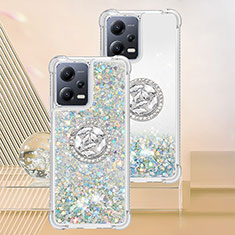 Silikon Hülle Handyhülle Gummi Schutzhülle Flexible Tasche Bling-Bling mit Fingerring Ständer S01 für Xiaomi Poco X5 5G Silber