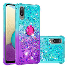 Silikon Hülle Handyhülle Gummi Schutzhülle Flexible Tasche Bling-Bling mit Fingerring Ständer S02 für Samsung Galaxy A02 Hellblau