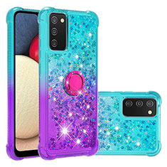 Silikon Hülle Handyhülle Gummi Schutzhülle Flexible Tasche Bling-Bling mit Fingerring Ständer S02 für Samsung Galaxy A02s Hellblau