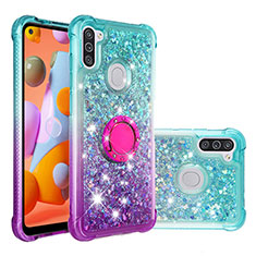 Silikon Hülle Handyhülle Gummi Schutzhülle Flexible Tasche Bling-Bling mit Fingerring Ständer S02 für Samsung Galaxy A11 Hellblau