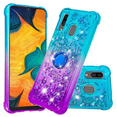 Silikon Hülle Handyhülle Gummi Schutzhülle Flexible Tasche Bling-Bling mit Fingerring Ständer S02 für Samsung Galaxy A30 Hellblau