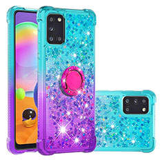 Silikon Hülle Handyhülle Gummi Schutzhülle Flexible Tasche Bling-Bling mit Fingerring Ständer S02 für Samsung Galaxy A31 Hellblau