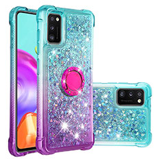 Silikon Hülle Handyhülle Gummi Schutzhülle Flexible Tasche Bling-Bling mit Fingerring Ständer S02 für Samsung Galaxy A41 Hellblau