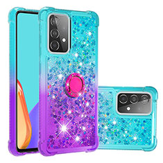 Silikon Hülle Handyhülle Gummi Schutzhülle Flexible Tasche Bling-Bling mit Fingerring Ständer S02 für Samsung Galaxy A52 4G Hellblau