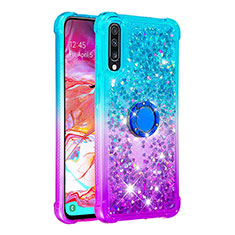 Silikon Hülle Handyhülle Gummi Schutzhülle Flexible Tasche Bling-Bling mit Fingerring Ständer S02 für Samsung Galaxy A70S Hellblau