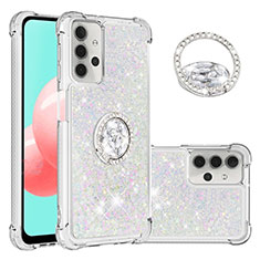 Silikon Hülle Handyhülle Gummi Schutzhülle Flexible Tasche Bling-Bling mit Fingerring Ständer S03 für Samsung Galaxy A32 5G Silber