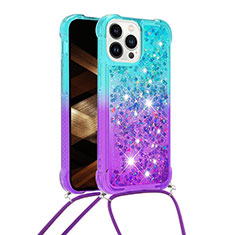 Silikon Hülle Handyhülle Gummi Schutzhülle Flexible Tasche Bling-Bling mit Schlüsselband Lanyard S01 für Apple iPhone 14 Pro Max Hellblau