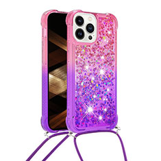 Silikon Hülle Handyhülle Gummi Schutzhülle Flexible Tasche Bling-Bling mit Schlüsselband Lanyard S01 für Apple iPhone 15 Pro Pink