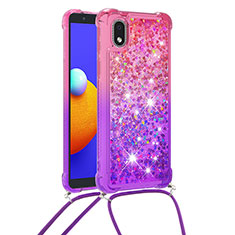 Silikon Hülle Handyhülle Gummi Schutzhülle Flexible Tasche Bling-Bling mit Schlüsselband Lanyard S01 für Samsung Galaxy A01 Core Pink