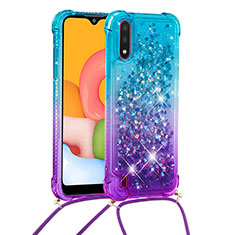 Silikon Hülle Handyhülle Gummi Schutzhülle Flexible Tasche Bling-Bling mit Schlüsselband Lanyard S01 für Samsung Galaxy A01 SM-A015 Hellblau