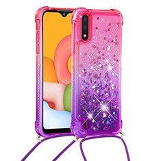 Silikon Hülle Handyhülle Gummi Schutzhülle Flexible Tasche Bling-Bling mit Schlüsselband Lanyard S01 für Samsung Galaxy A01 SM-A015 Pink