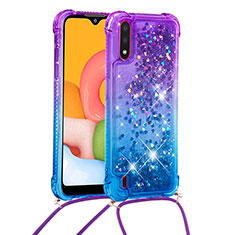 Silikon Hülle Handyhülle Gummi Schutzhülle Flexible Tasche Bling-Bling mit Schlüsselband Lanyard S01 für Samsung Galaxy A01 SM-A015 Violett