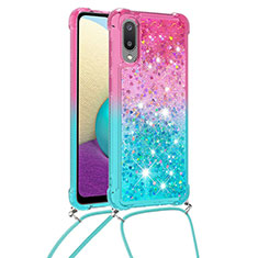 Silikon Hülle Handyhülle Gummi Schutzhülle Flexible Tasche Bling-Bling mit Schlüsselband Lanyard S01 für Samsung Galaxy A02 Pink
