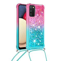 Silikon Hülle Handyhülle Gummi Schutzhülle Flexible Tasche Bling-Bling mit Schlüsselband Lanyard S01 für Samsung Galaxy A03s Rosa