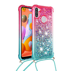 Silikon Hülle Handyhülle Gummi Schutzhülle Flexible Tasche Bling-Bling mit Schlüsselband Lanyard S01 für Samsung Galaxy A11 Rosa