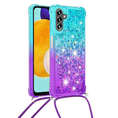 Silikon Hülle Handyhülle Gummi Schutzhülle Flexible Tasche Bling-Bling mit Schlüsselband Lanyard S01 für Samsung Galaxy A13 5G Hellblau