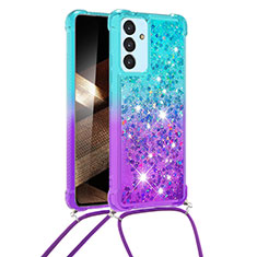 Silikon Hülle Handyhülle Gummi Schutzhülle Flexible Tasche Bling-Bling mit Schlüsselband Lanyard S01 für Samsung Galaxy A15 4G Hellblau