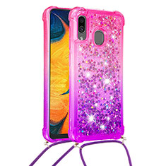 Silikon Hülle Handyhülle Gummi Schutzhülle Flexible Tasche Bling-Bling mit Schlüsselband Lanyard S01 für Samsung Galaxy A20 Pink