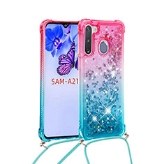 Silikon Hülle Handyhülle Gummi Schutzhülle Flexible Tasche Bling-Bling mit Schlüsselband Lanyard S01 für Samsung Galaxy A21 European Rosa