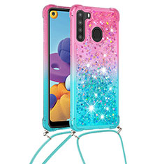 Silikon Hülle Handyhülle Gummi Schutzhülle Flexible Tasche Bling-Bling mit Schlüsselband Lanyard S01 für Samsung Galaxy A21 Rosa