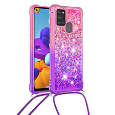 Silikon Hülle Handyhülle Gummi Schutzhülle Flexible Tasche Bling-Bling mit Schlüsselband Lanyard S01 für Samsung Galaxy A21s Pink