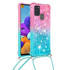 Silikon Hülle Handyhülle Gummi Schutzhülle Flexible Tasche Bling-Bling mit Schlüsselband Lanyard S01 für Samsung Galaxy A21s Rosa