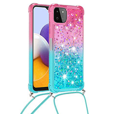 Silikon Hülle Handyhülle Gummi Schutzhülle Flexible Tasche Bling-Bling mit Schlüsselband Lanyard S01 für Samsung Galaxy A22 5G Rosa