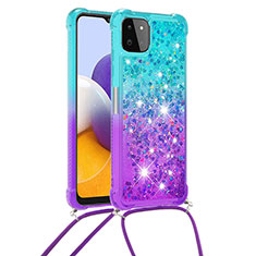 Silikon Hülle Handyhülle Gummi Schutzhülle Flexible Tasche Bling-Bling mit Schlüsselband Lanyard S01 für Samsung Galaxy A22s 5G Hellblau