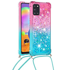 Silikon Hülle Handyhülle Gummi Schutzhülle Flexible Tasche Bling-Bling mit Schlüsselband Lanyard S01 für Samsung Galaxy A31 Rosa