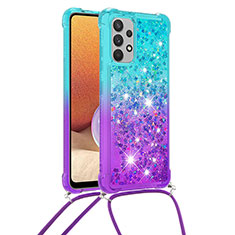 Silikon Hülle Handyhülle Gummi Schutzhülle Flexible Tasche Bling-Bling mit Schlüsselband Lanyard S01 für Samsung Galaxy A32 4G Hellblau