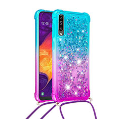 Silikon Hülle Handyhülle Gummi Schutzhülle Flexible Tasche Bling-Bling mit Schlüsselband Lanyard S01 für Samsung Galaxy A50 Hellblau