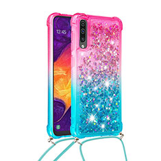 Silikon Hülle Handyhülle Gummi Schutzhülle Flexible Tasche Bling-Bling mit Schlüsselband Lanyard S01 für Samsung Galaxy A50S Rosa