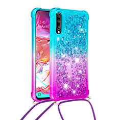 Silikon Hülle Handyhülle Gummi Schutzhülle Flexible Tasche Bling-Bling mit Schlüsselband Lanyard S01 für Samsung Galaxy A70 Hellblau