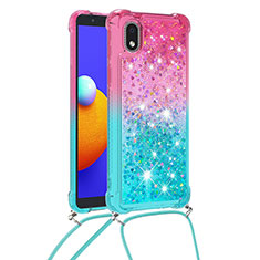 Silikon Hülle Handyhülle Gummi Schutzhülle Flexible Tasche Bling-Bling mit Schlüsselband Lanyard S01 für Samsung Galaxy M01 Core Rosa